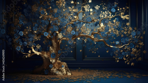 Fototapeta Naklejka Na Ścianę i Meble -  Elegant gold and royal blue floral tree with leaves and flowers hanging branches illustration background. 3D abstraction wallpaper for interior.
