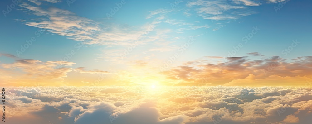 Fototapeta premium Evening sky drone view. Sunset radiance paints. Sunlight and clouds in perfect harmony