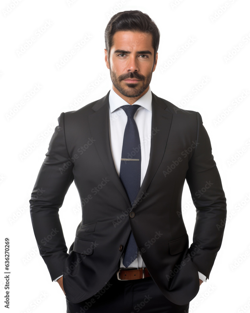 Stylish man in a suit isolated over a solid white background. Vertical image. Generative AI. Stylish man in a suit isolated over a solid white background. Vertical image. Generative AI.