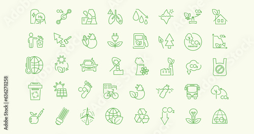 Ecology related line icon set. hydrogen, energy, co2 molecule, lungs, air, carbon capture, climate, deforestation, ocean pollution, plastic, biofuels, gmo vector illustration. Editable stroke