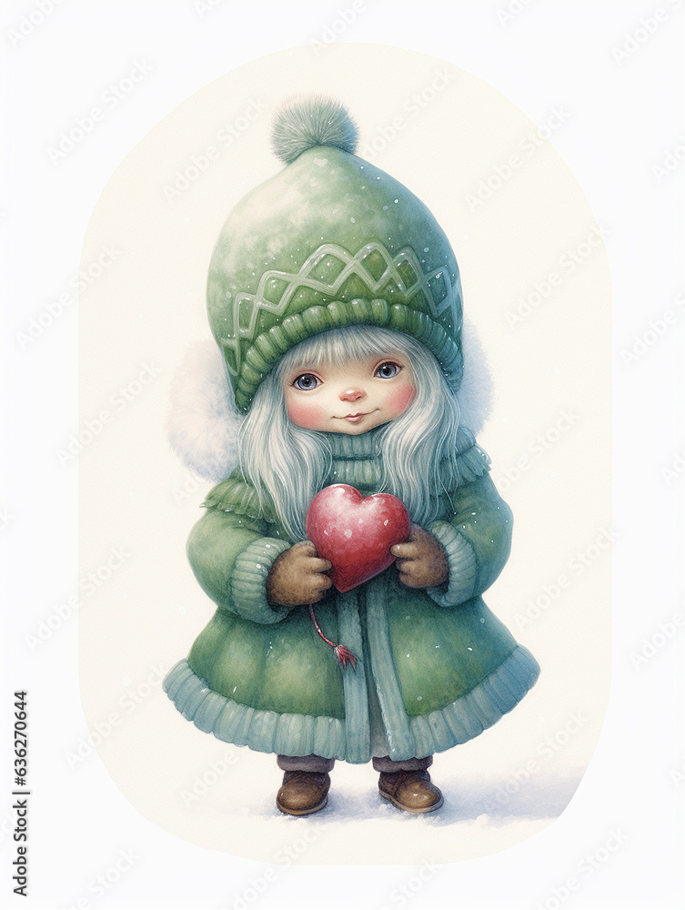 Illustration of a cute little girl in winter clothes holding a heart, girl in a warm green coat with a heart. Illustration of a cute little girl in winter clothes holding a heart, girl in a warm green coat with a heart.