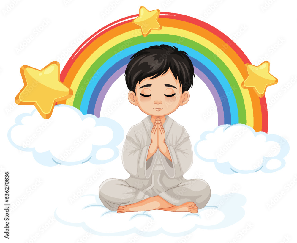 Religious Boy Praying on Rainbow Sky