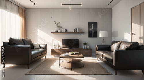Modern living room  minimalist design  empty concrete wall.