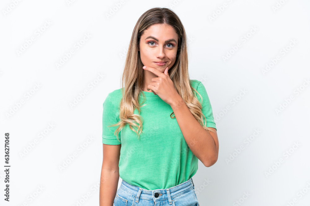 Young Uruguayan woman isolated on white background thinking Young Uruguayan woman isolated on white background thinking