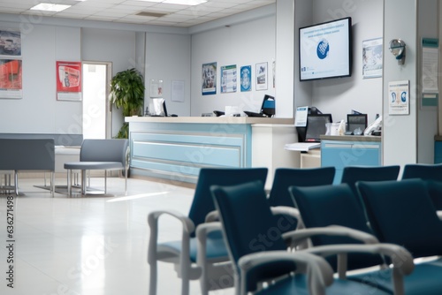 Hospital waiting room with reception counter at medical facility.