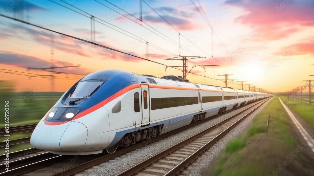 High speed fast train passenger locomotive in motion at the railway station, Travel transportation concept.