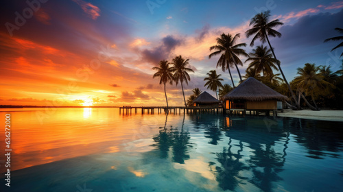 Experience the tranquil beauty of a sunset over a palm-fringed beach, where the sea meets the tropical sky in a stunning silhouette © STORYTELLER