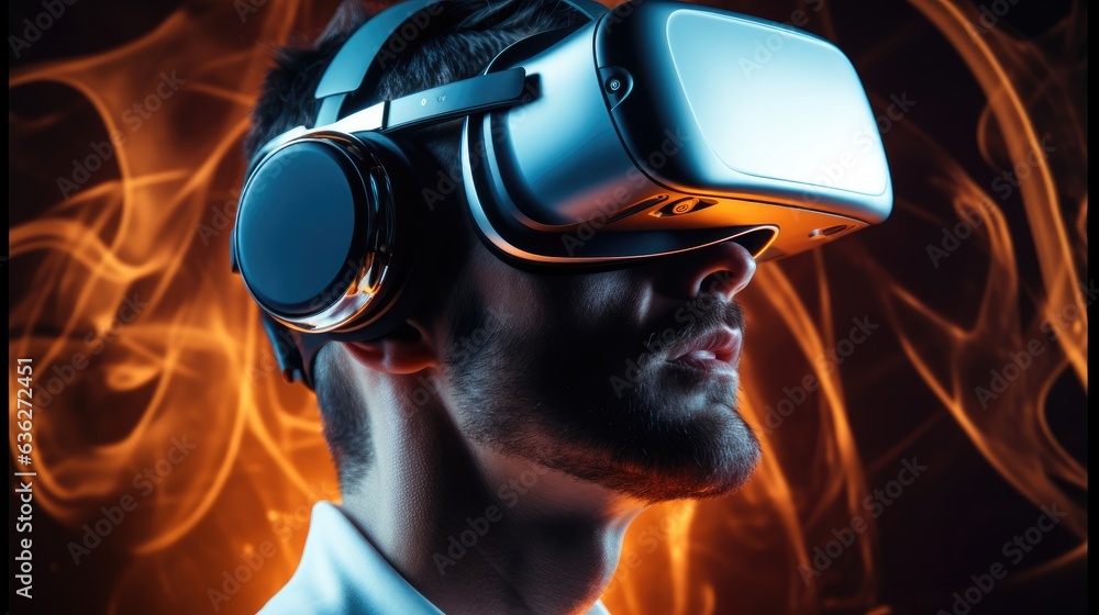 Man in VR goggles on virtual reality background, Augmented reality, future technology concept. Man in VR goggles on virtual reality background, Augmented reality, future technology concept.
