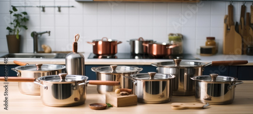 Metal cooking utensils on table at kitchen, Cooking concept.