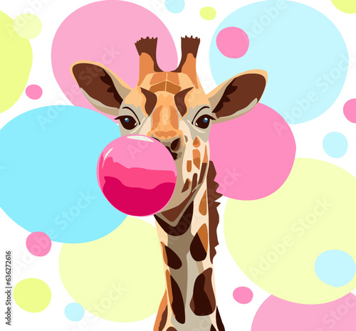 The giraffe inflates a big pink bubble of chewing gum. On the background of translucent multi-colored circles.