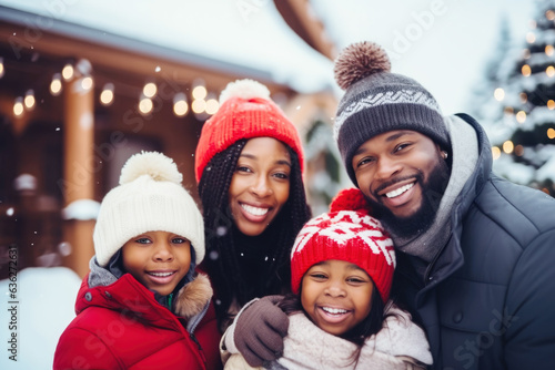 Closeup photo of cute family spending holly Christmas eve in decorated garland lights house near Chrismas tree outdoors