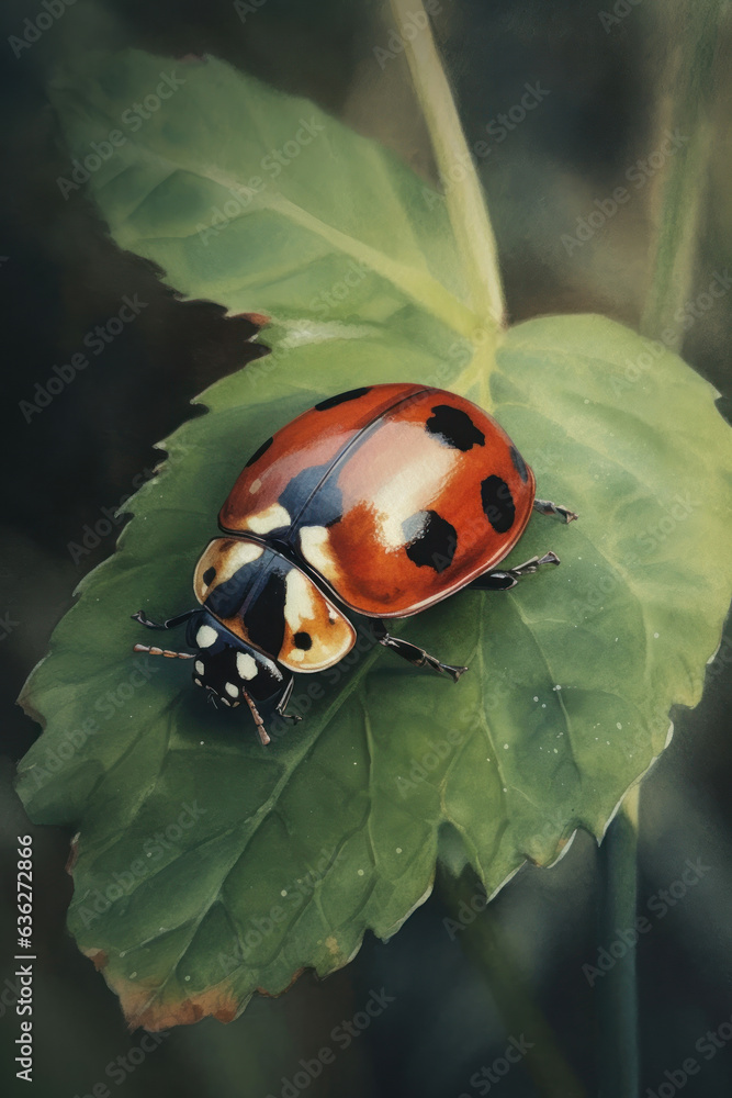 Fototapeta premium Coccinellidae or ladybug on the leaf of a plant. Generative AI.
