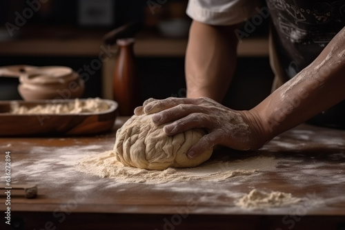 Hands of a baker working the dough, to make the bread. Generative AI.