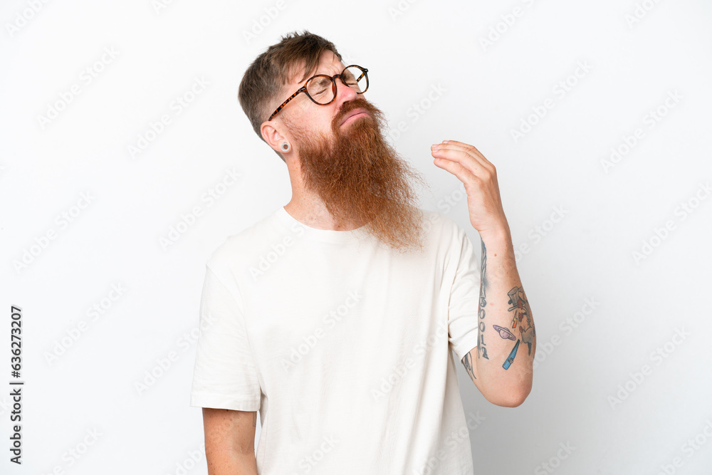 Redhead man with long beard isolated on white background with tired and sick expression Redhead man with long beard isolated on white background with tired and sick expression