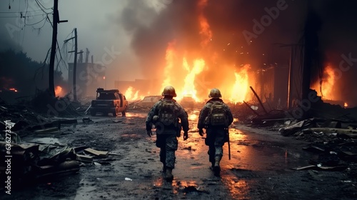 Contemporary soldiers patrolling in a war zone amid fire and smoke.