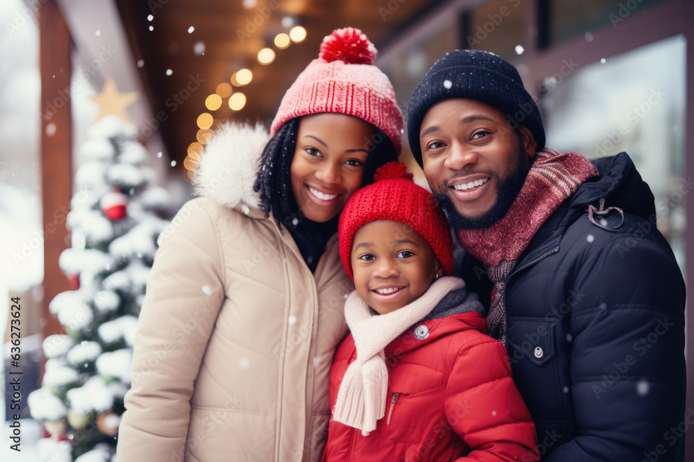 Closeup photo of cute family spending holly Christmas eve in decorated garland lights house near Chrismas tree outdoors Closeup photo of cute family spending holly Christmas eve in decorated garland lights house near Chrismas tree outdoors