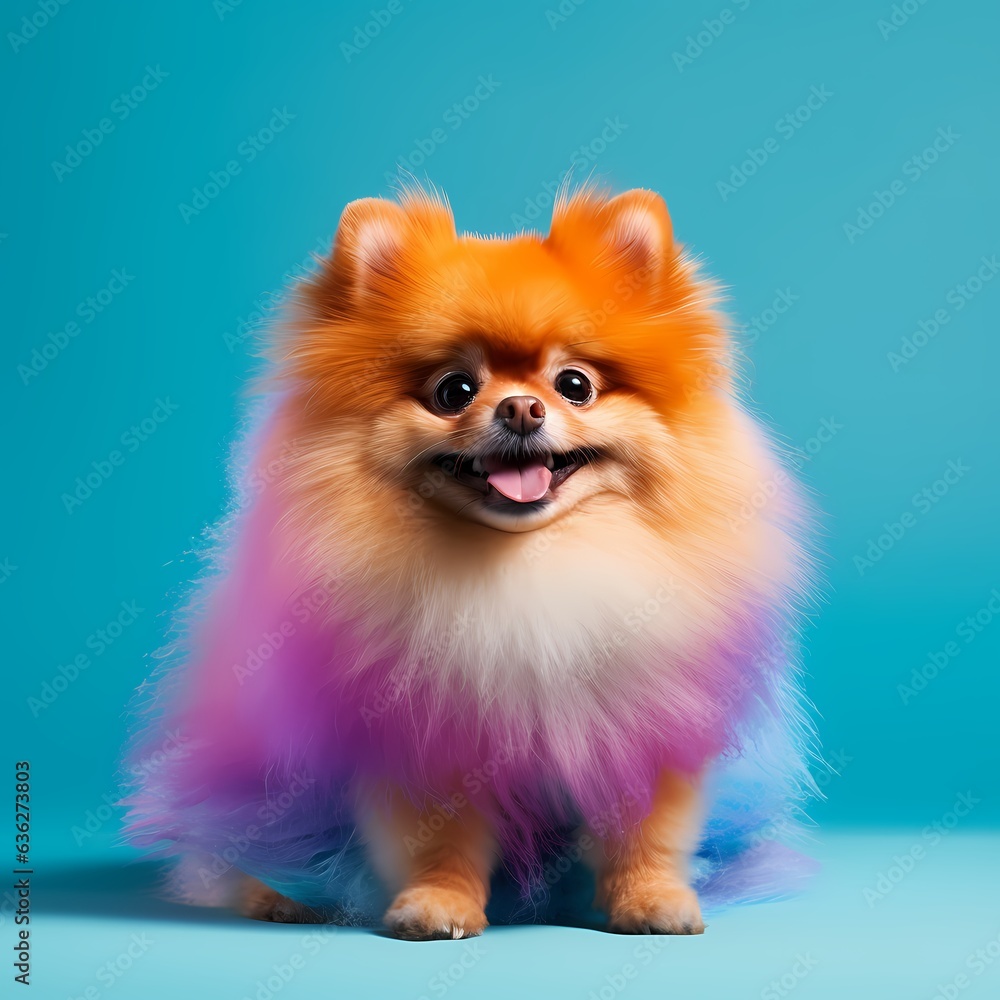 A pomeranian dog sitting on a blue background
