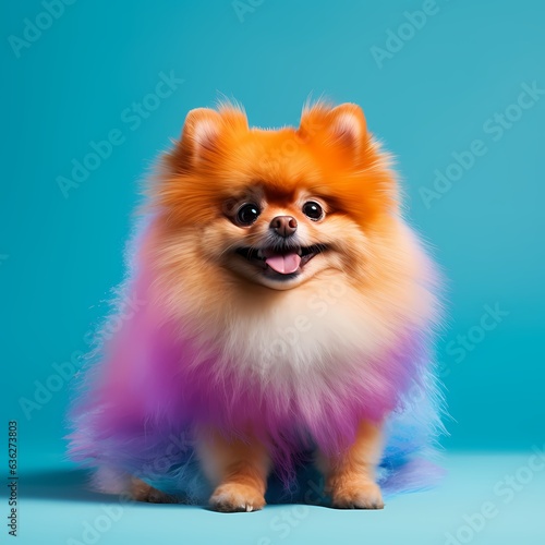 A pomeranian dog sitting on a blue background