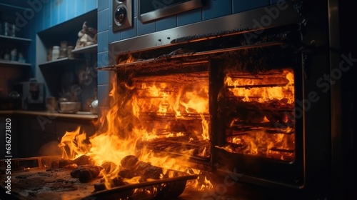 The oven caught fire in the kitchen during cooking, smoke and soot around, Kitchen fire accident.