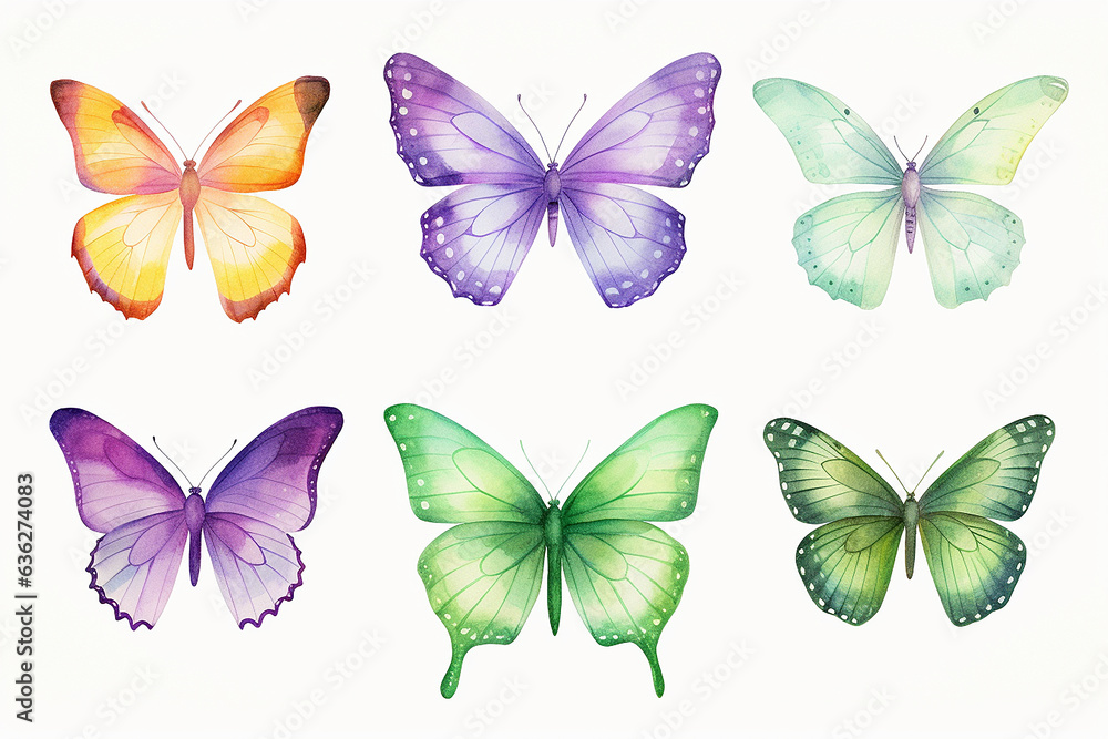 set of colorful butterflies. Set of colorful butterflies isolated on white background. Watercolor illustration.
