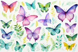 Watercolor butterflies and flowers on white background. Hand drawn illustration.