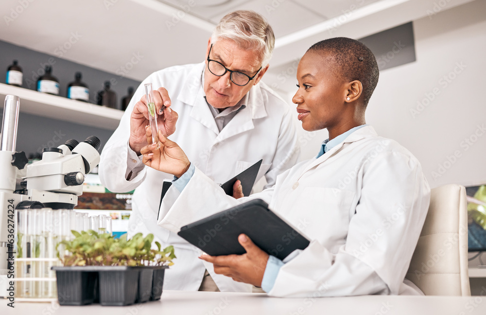Scientist, test tube and teamwork for plants, agriculture solution and problem solving in laboratory research. Science mentor and student training on digital tablet for growth, leaf or sustainability Scientist, test tube and teamwork for plants, agriculture solution and problem solving in laboratory research. Science mentor and student training on digital tablet for growth, leaf or sustainability