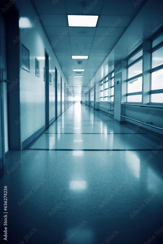 Obraz premium Interior of a defocused corridor of a Hospital. Generative AI.