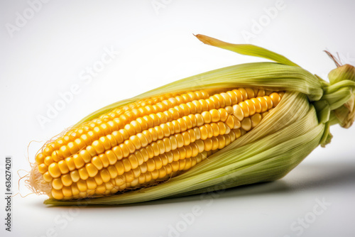 Ear of semi-peeled corn, on a white background. Generative AI.