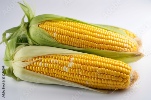 Ear of semi-peeled corn, on a white background. Generative AI.