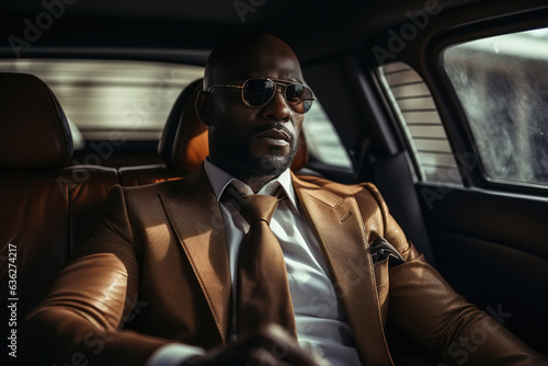 African American confident adult businessman sitting in luxury car, successful wealthy business man in suit and sunglasses. Business and finance concept © Sergio