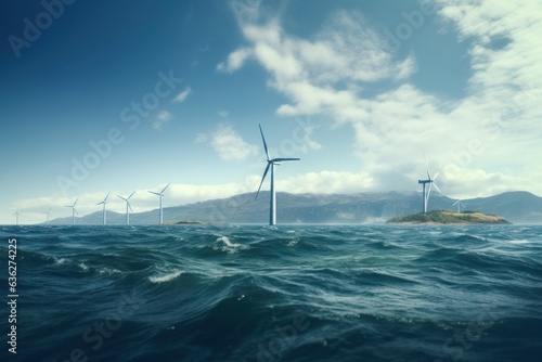 Wind farm with wind turbines in the sea.