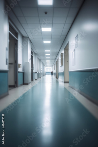 Interior of a defocused corridor of a Hospital. Generative AI.