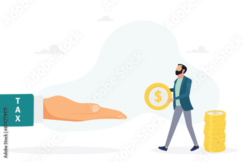 Businessman must pay taxes - tax payment concept. The guy repays debts. Vector flat style illustration.
