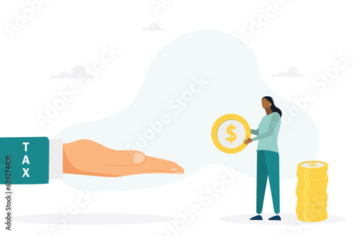 Businesswoman has to pay taxes - the concept of paying taxes. The girl is holding a coin. Vector flat style illustration.
