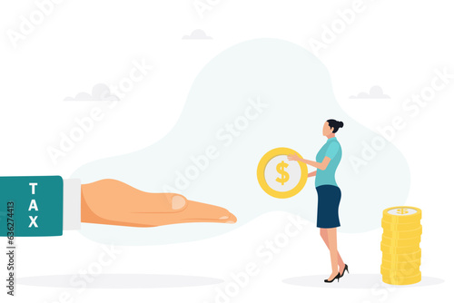 Businesswoman has to pay taxes - the concept of paying taxes. The girl is holding a coin. Vector flat style illustration. 