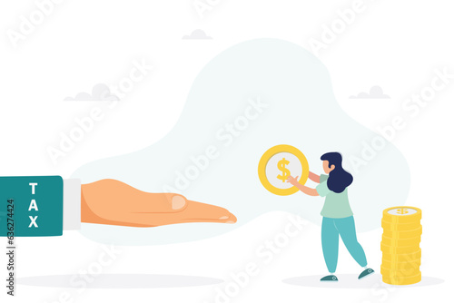 Businesswoman has to pay taxes - the concept of paying taxes. The girl is holding a coin. Vector flat style illustration.
