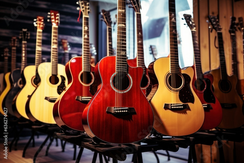 Acoustic guitars in a modern musical shop