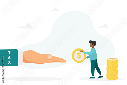 Businessman must pay taxes - tax payment concept. The guy repays debts. Vector flat style illustration.
