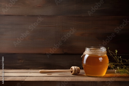 Honey in jar on wooden background with copy space.