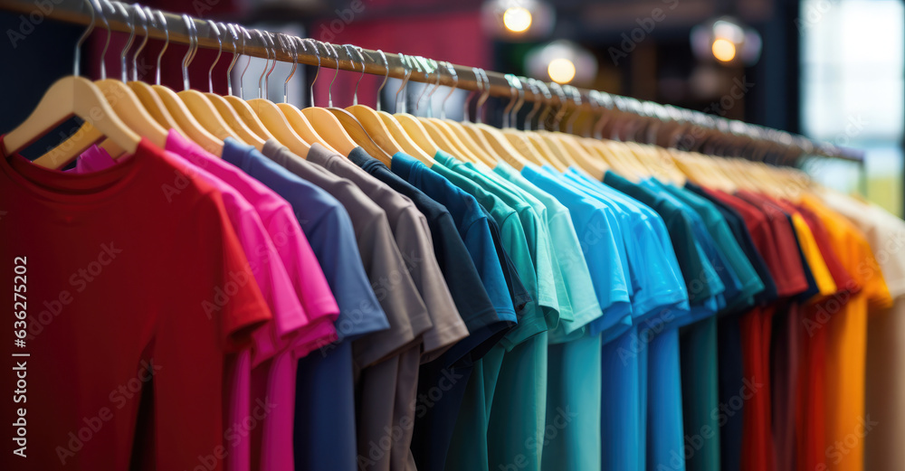 Fototapeta premium plain t-shirts of different colors hang on a hanger, store interior blur