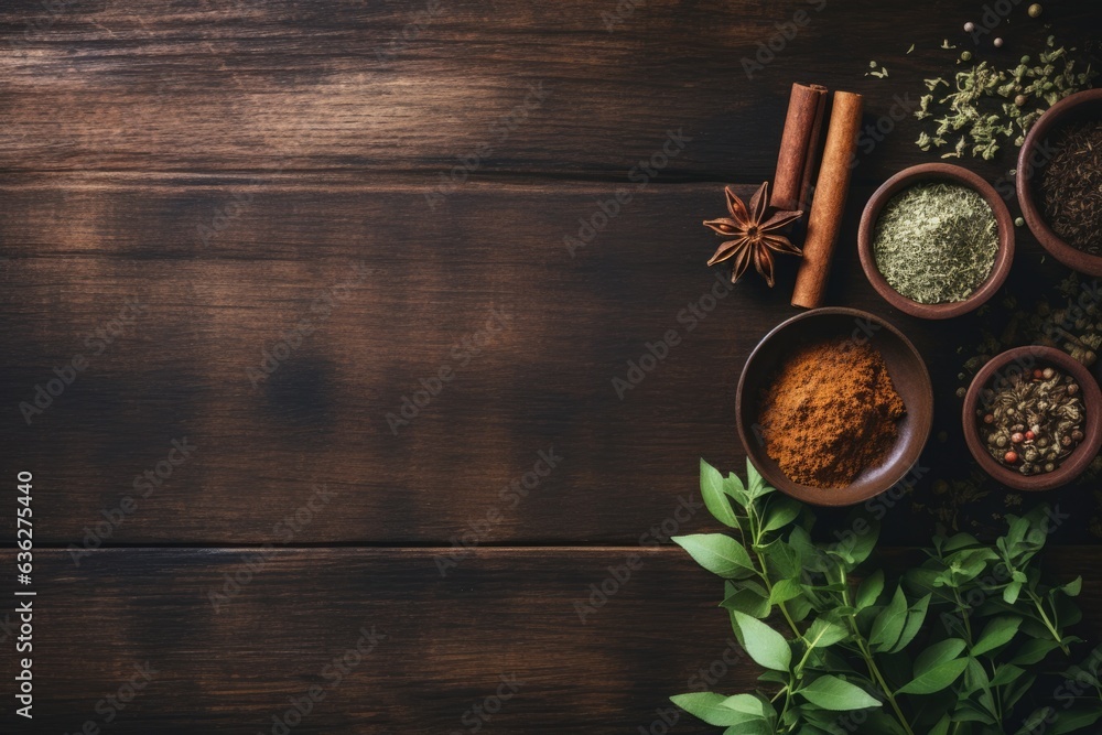 Spices and herbs on wooden table with copy space. Spices and herbs on wooden table with copy space.