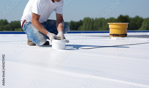 Fotografiet Worker applies an insulation coating on the concrete surface of a rooftop