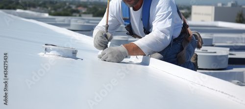 Worker applies an insulation coating on the concrete surface of a rooftop. Repairman fixing a leaking roof or deck by applying waterproofing solution. Generative AI