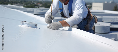Worker applies an insulation coating on the concrete surface of a rooftop. Repairman fixing a leaking roof or deck by applying waterproofing solution. Generative AI photo