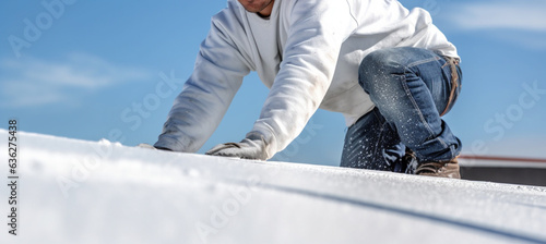 Worker applies an insulation coating on the concrete surface of a rooftop. Repairman fixing a leaking roof or deck by applying waterproofing solution. Generative AI photo