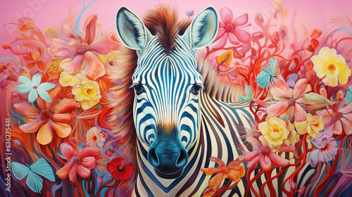  happy cute zebra in flower blossom atmosphere golden oil paint abstract art