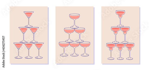 Cocktail glasses pyramid cards set. Sparkling wine, champagne flute, cocktail tower postcard for web and print. Party invitation with glass tower line art vector illustration.