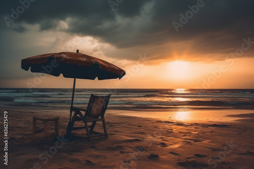 Umbrella and hammock during sunset on the beach. Generative AI. © Agustin