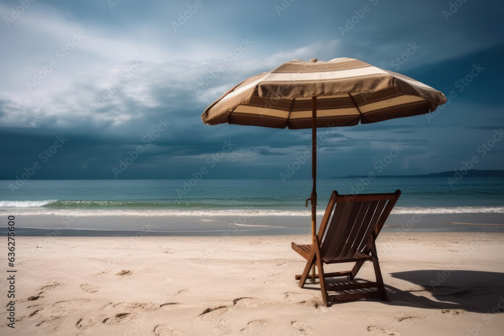 Umbrella and hammock on the shore at the beach. Generative AI.