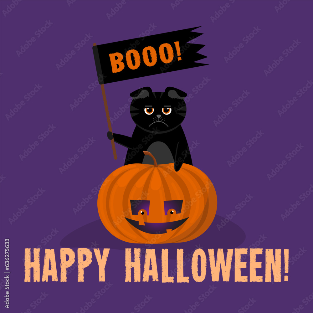 Disgruntled, angry black lop-eared cat with an orange pumpkin. The flag with Boooo. Congratulations on Halloween. Illustration on a purple background. Disgruntled, angry black lop-eared cat with an orange pumpkin. The flag with Boooo. Congratulations on Halloween. Illustration on a purple background.